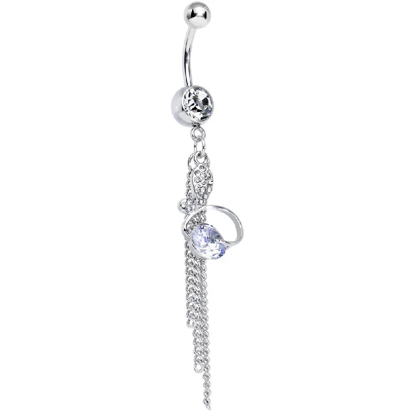 Comfortable Belly Rings for Casual Looks -Clear Gem Wing and Ring Chain Dangle Belly Ring Comfortable Belly Rings for Casual Looks -Clear Gem Wing and Ring Chain Dangle Belly Ring