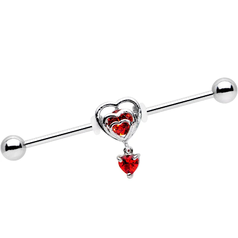 Women's Earrings – Elegant Designs for Every Personality--Red CZ Gem Triple Heart Dangle Industrial Barbell 38mm