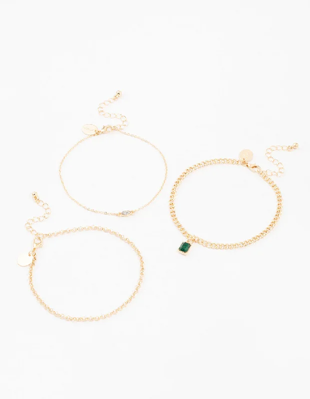 Delicate Anklets for a Feminine Touch-Gold Baguette Drop Anklets 3-Pack