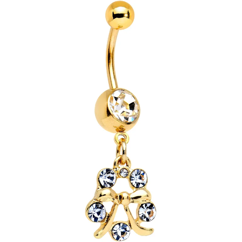 Unique Belly Rings with Elegant Features -Clear Gem Gold PVD Halo Pretty Bow Belly Ring Unique Belly Rings with Elegant Features -Clear Gem Gold PVD Halo Pretty Bow Belly Ring