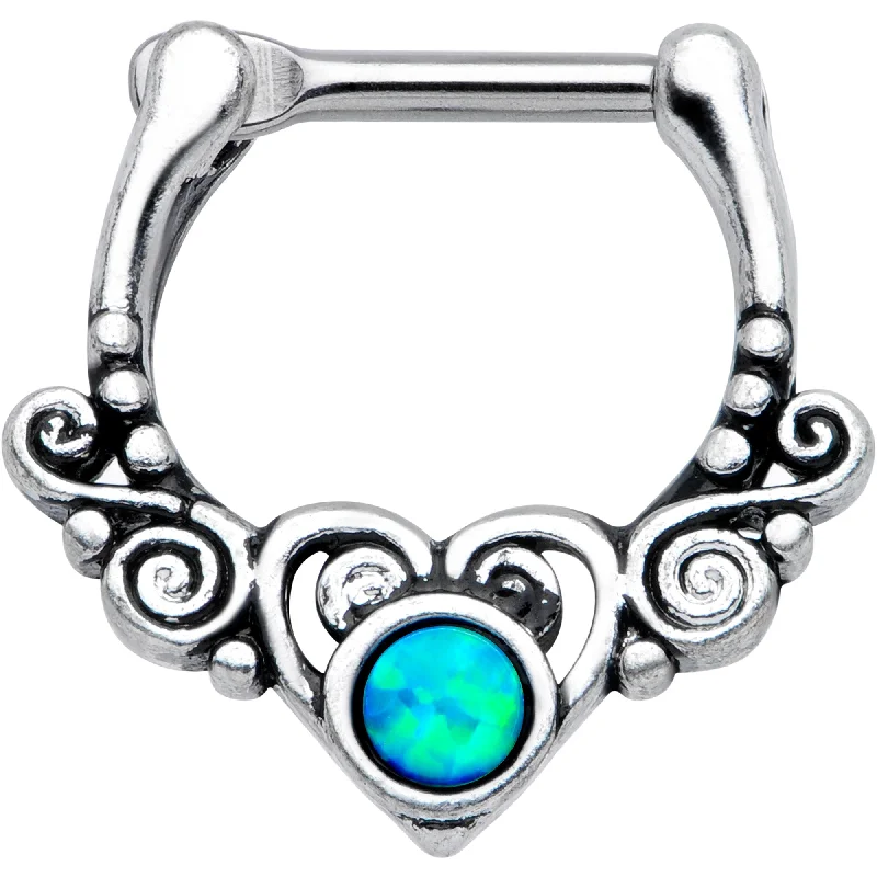 Women's Earrings – Elegant Designs for Every Personality--16 Gauge 3/8 Green Synthetic Opal Winged Heart Cartilage Clicker