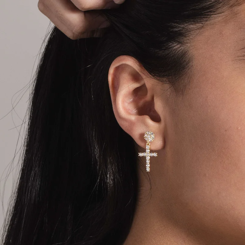 Women's Earrings – Elegant Designs for Every Personality--Diamond Studded Cross Earrings in Yellow Gold