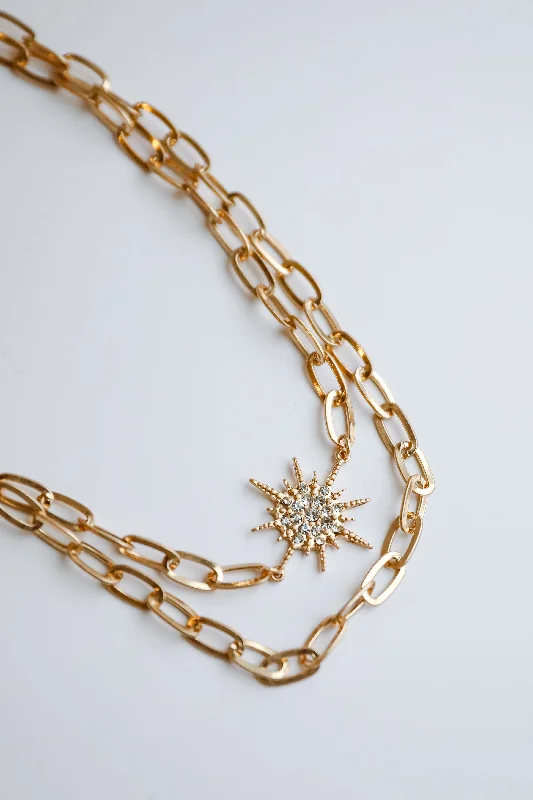 Shop Classic Women's Necklaces & Pendants with a Modern Twist-Bianca Gold Sunburst Layered Chain Necklace Shop Classic Women's Necklaces & Pendants with a Modern Twist-Bianca Gold Sunburst Layered Chain Necklace