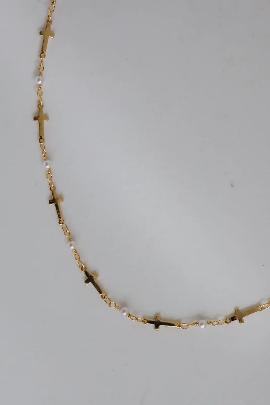 Shop Classic Women's Necklaces & Pendants with a Modern Twist-Charlotte Gold Cross + Pearl Chain Necklace Shop Classic Women's Necklaces & Pendants with a Modern Twist-Charlotte Gold Cross + Pearl Chain Necklace