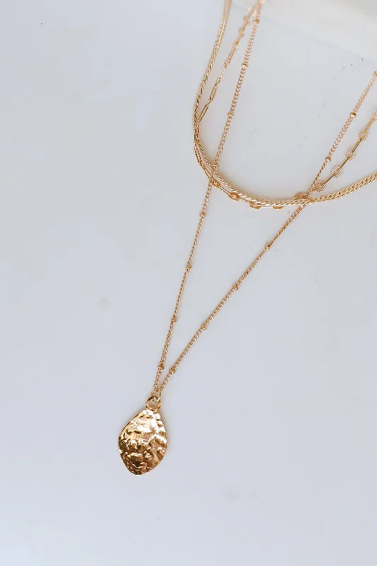 Shop Classic Women's Necklaces & Pendants with a Modern Twist-Gia Gold Hammered Charm Layered Chain Necklace Shop Classic Women's Necklaces & Pendants with a Modern Twist-Gia Gold Hammered Charm Layered Chain Necklace