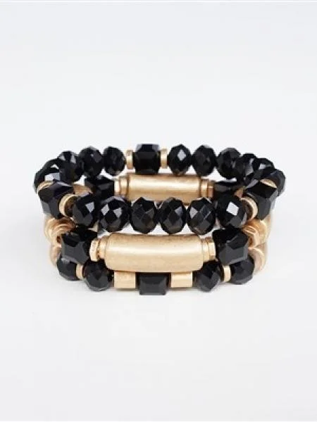 Custom-Designed Wedding Bangles for Women-Gold Bar & Black Crystal Bracelet Set