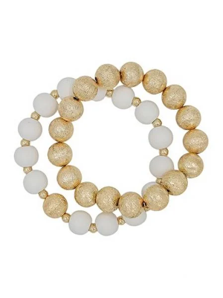 Bold Wedding Bangles for Women-Gold Textured & White Bead Bracelet Set