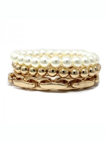 Thin Gold Bangles for Women-Pearl & Chain Bracelets Trio