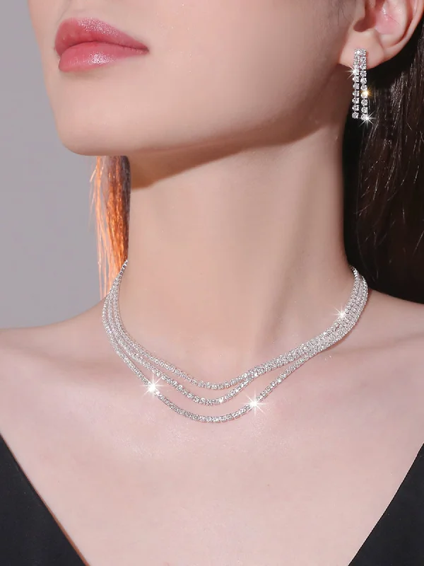 Shop Classic Women's Necklaces & Pendants with a Modern Twist-Sparkly Multilayer Thin Rhinestone Necklace And Earrings Set Shop Classic Women's Necklaces & Pendants with a Modern Twist-Sparkly Multilayer Thin Rhinestone Necklace And Earrings Set
