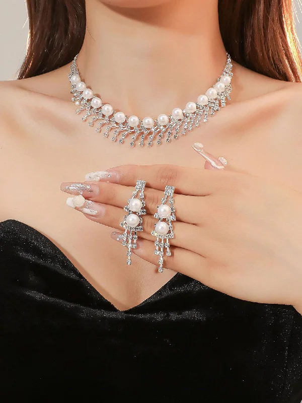 Shop Classic Women's  Necklaces & Pendants with a Modern Twist-Vintage Pearl Rhinestone Necklace And Earrings Set