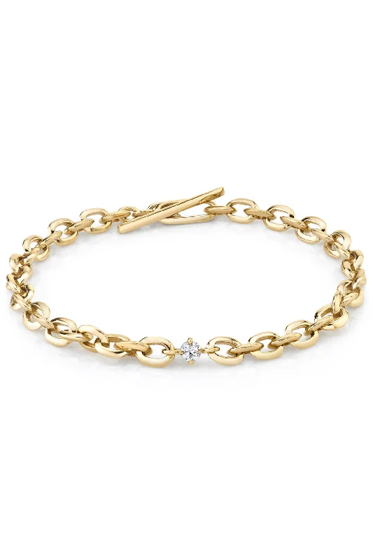 Sterling Silver Bangles for Women-XS Knife Edge Oval Link Bracelet with Diamond Center - 18K Yellow Gold Sterling Silver Bangles for Women-XS Knife Edge Oval Link Bracelet with Diamond Center - 18K Yellow Gold